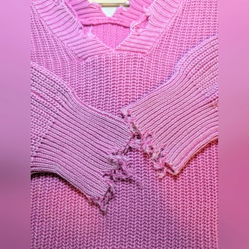 Vici Pink Ribbed 100% Cotton Distressed Frayed Drop Shoulder Slouchy Sweater - Picture 7 of 9